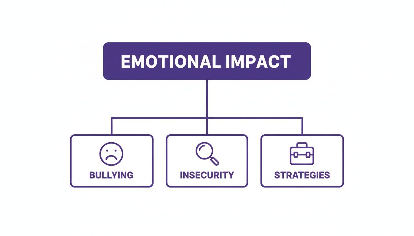 A flowchart titled 'Emotional Impact' with branches for 'Bullying,' 'Insecurity,' and 'Strategies.'
