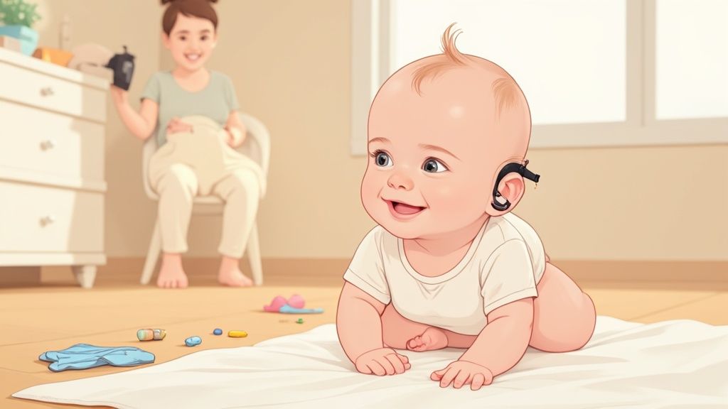 A happy baby with a hearing aid crawls on a white blanket, smiling, with an adult in the background.