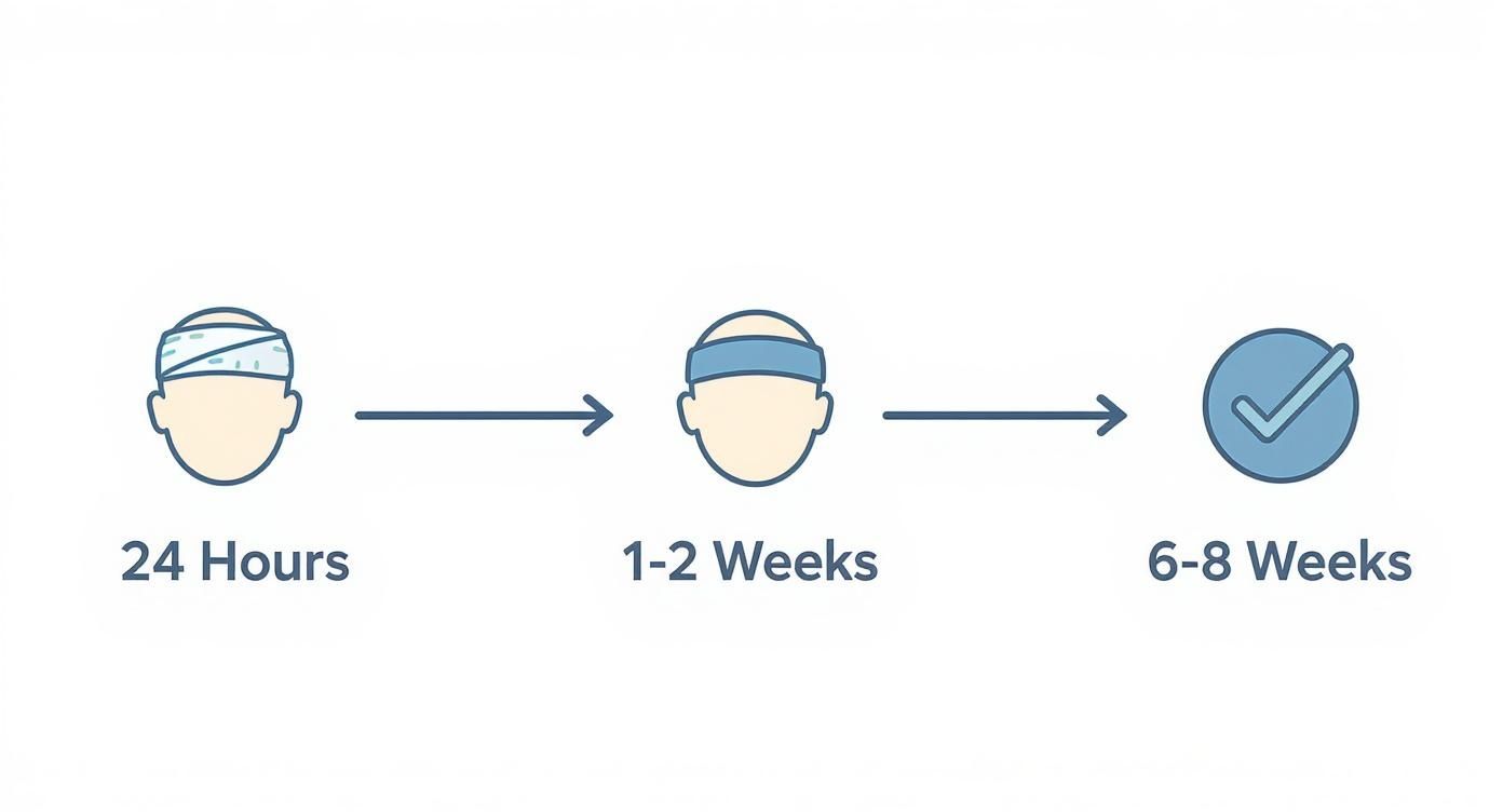 Infographic showing the otoplasty recovery timeline from 24 hours with a head bandage, to 1-2 weeks with a headband, to the final result at 6-8 weeks.