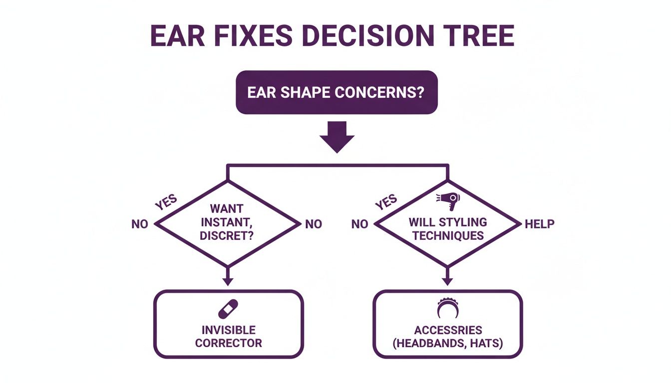 A decision tree diagram for ear shape concerns, offering solutions like invisible correctors or accessories.