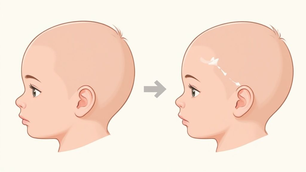 Illustration showing a baby's head profile before and after a proposed ear correction or reshaping.