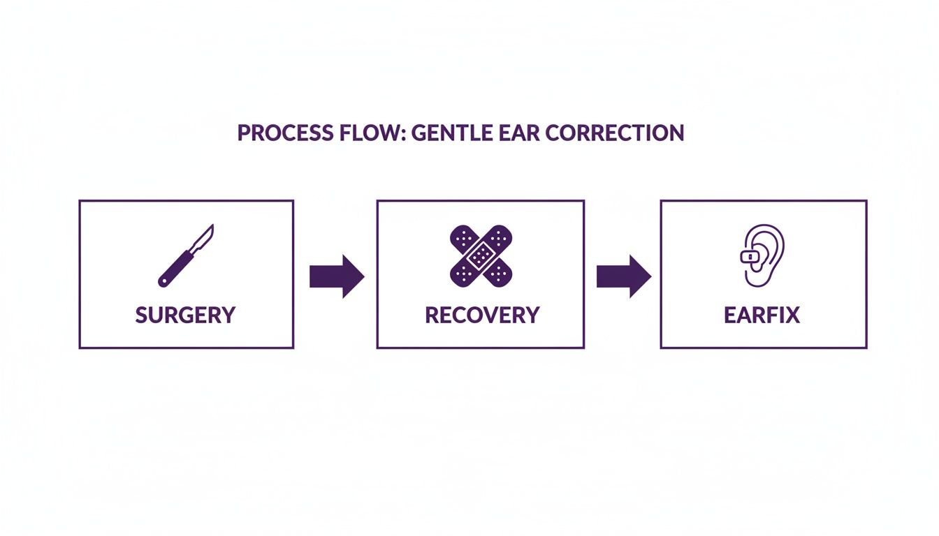 Process flow diagram illustrating gentle ear correction steps: surgery, recovery, and earfix procedure.