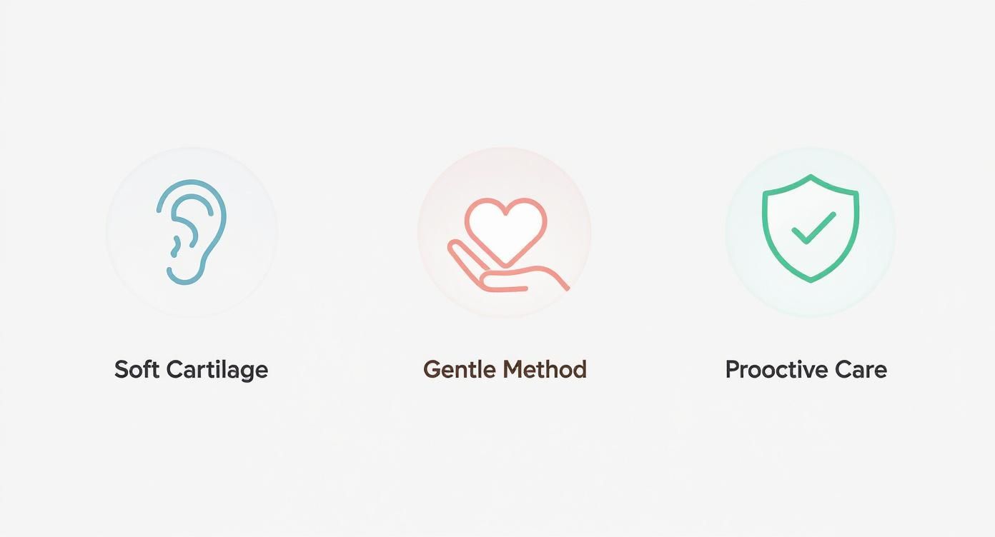 Three icons representing soft cartilage ear care, gentle method with heart, and proactive care with shield