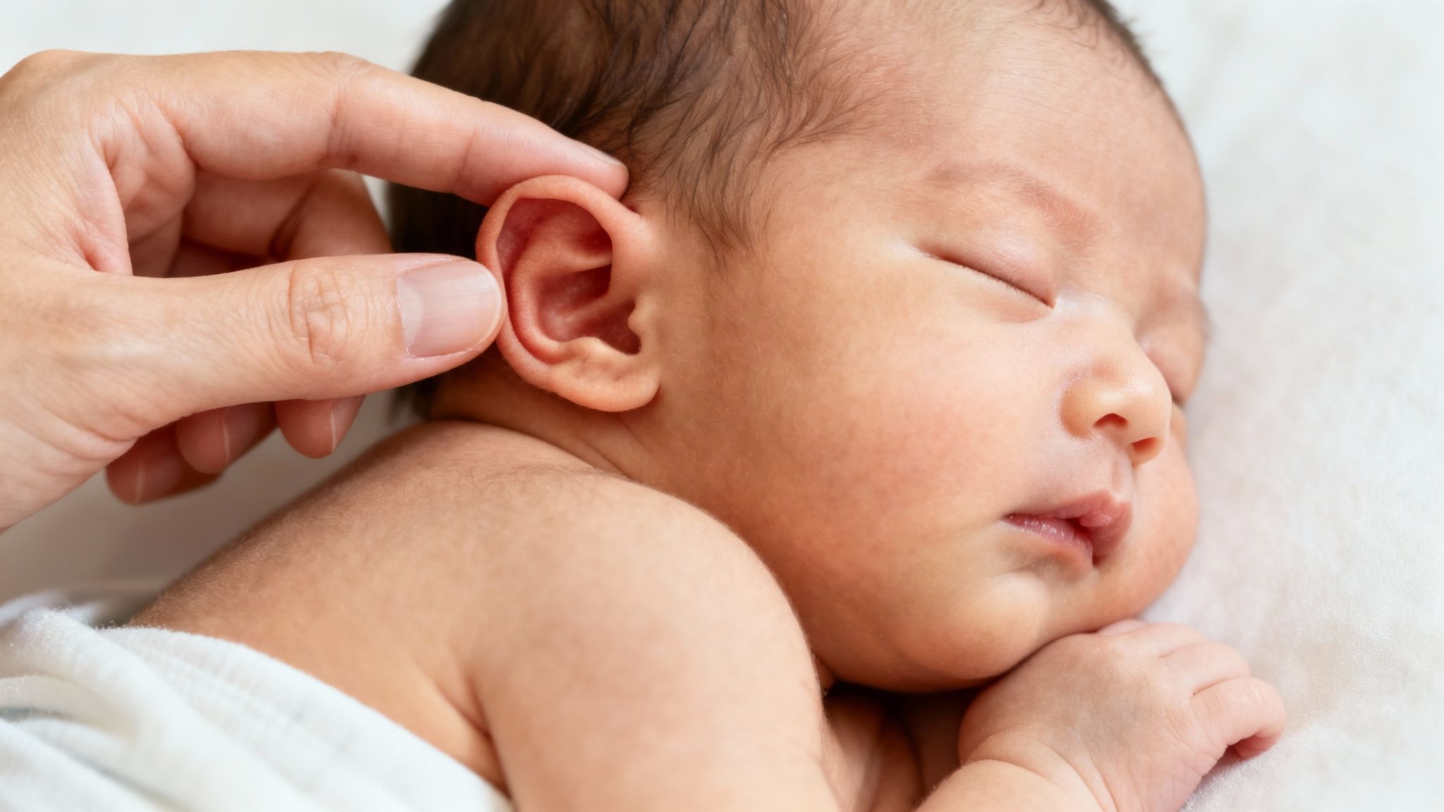 A mother gently holding her newborn baby's ear