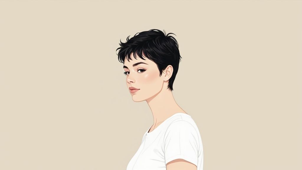 A woman with a chic, short hairstyle that frames her face beautifully.