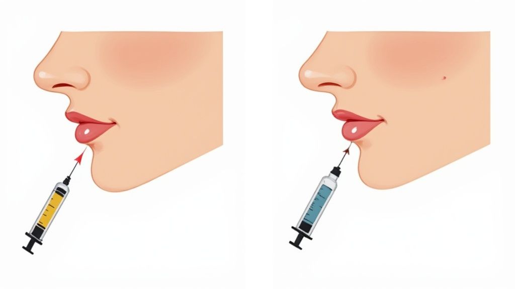 Two illustrations depicting a person's profile receiving non-surgical cosmetic injections in the lower lip or chin.