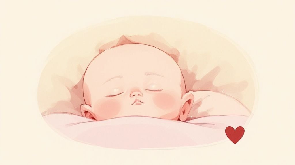 An adorable cartoon baby sleeps peacefully on a pink pillow with rosy cheeks and a small red heart.