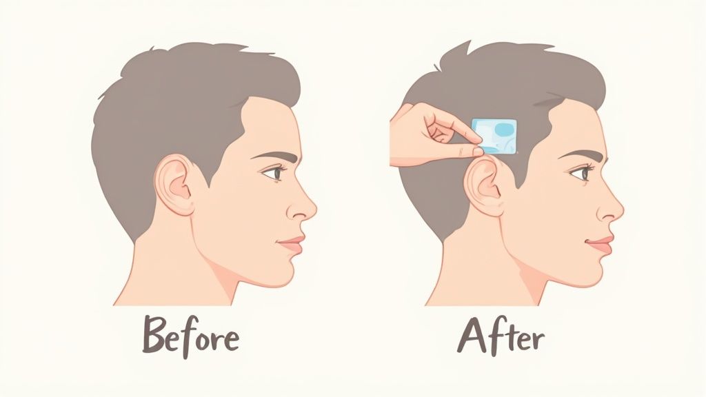 Side-by-side comparison of a man's ear before and after using an adhesive strip to correct prominent ears.