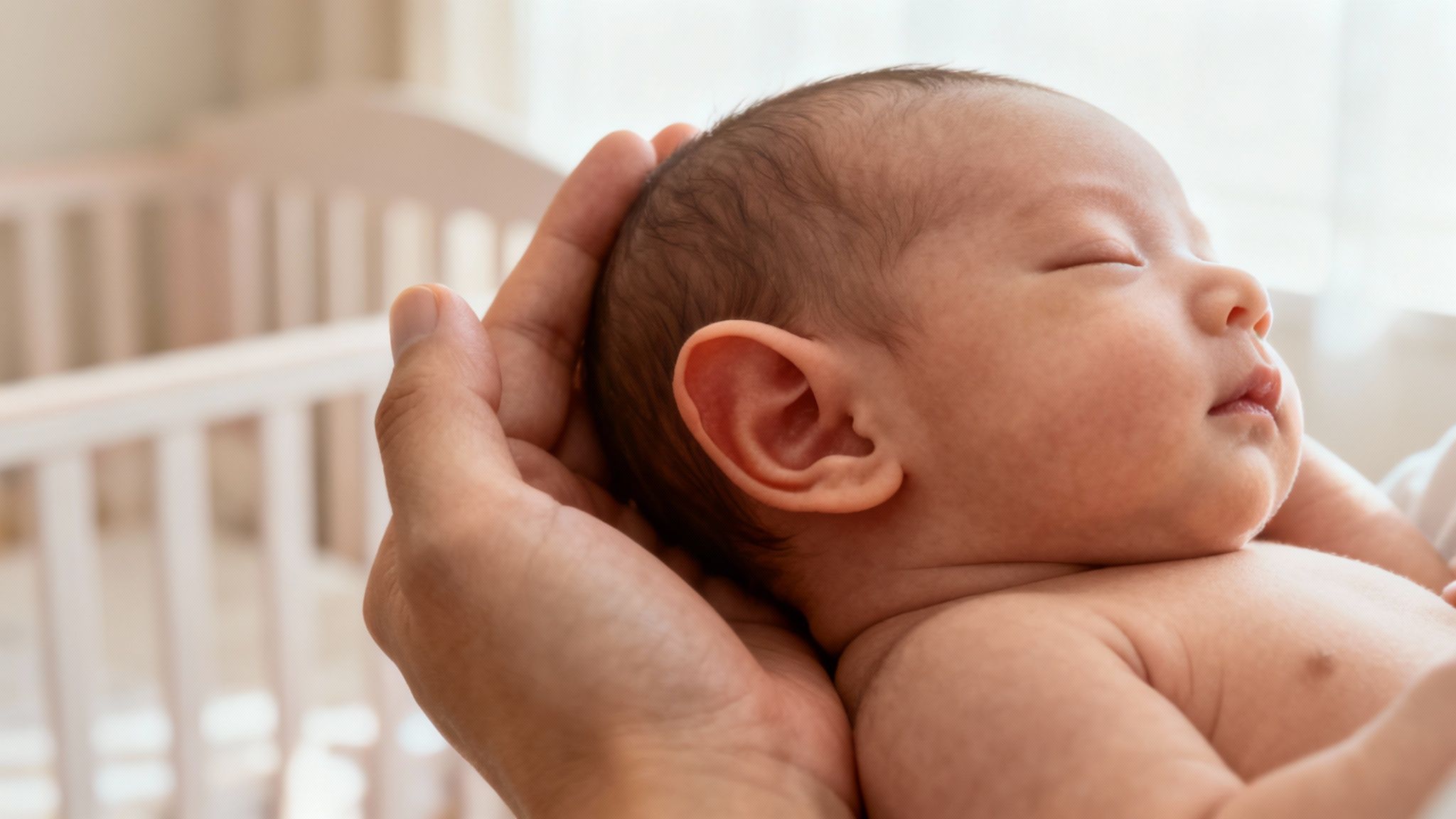 A happy baby with slightly prominent ears looking at the camera.