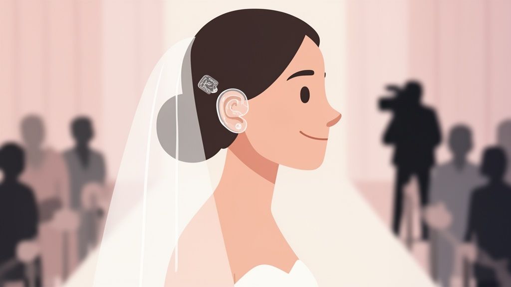 Illustration of a happy bride with a veil and discreet hearing aids on her wedding day.