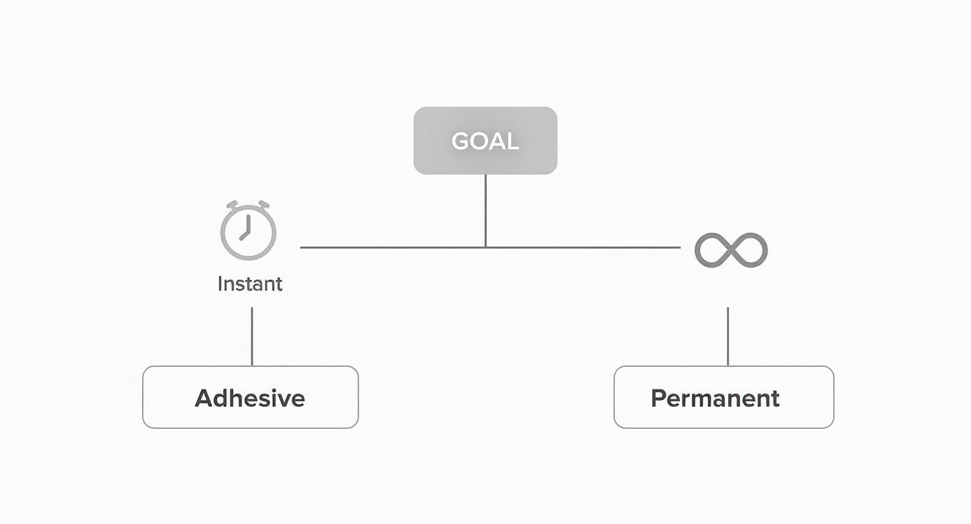 Diagram showing goal timeline spectrum from instant adhesive solutions to permanent ear correction options