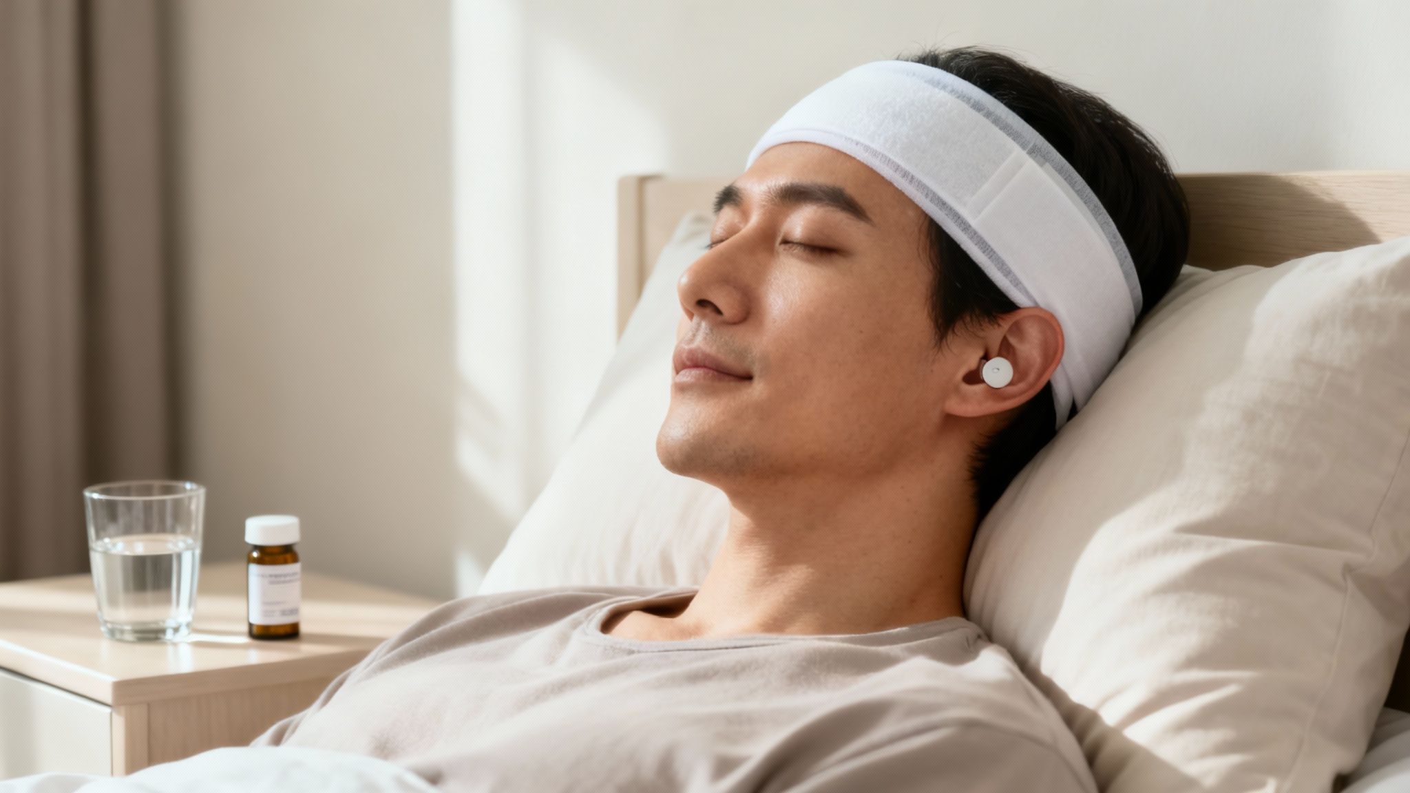 A young person rests in bed with a protective headband after otoplasty.