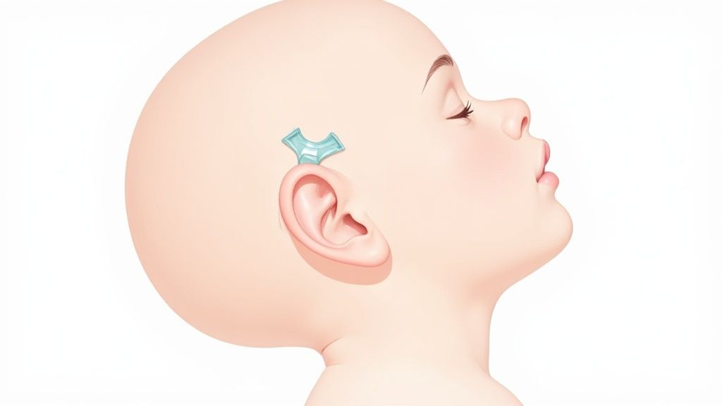 A baby's head in profile, featuring a blue ear corrector device behind the ear.