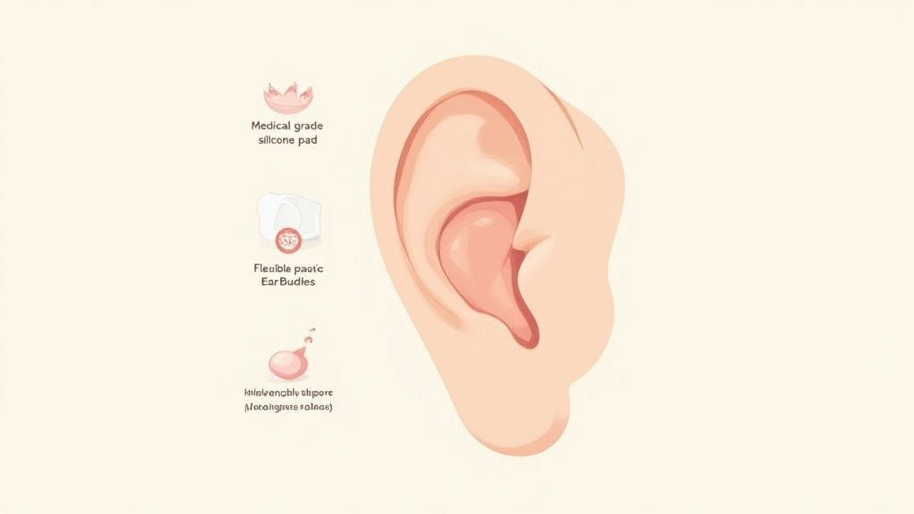 Illustration featuring a human ear, a medical-grade silicone pad, flexible earbuds, and an ear plug.