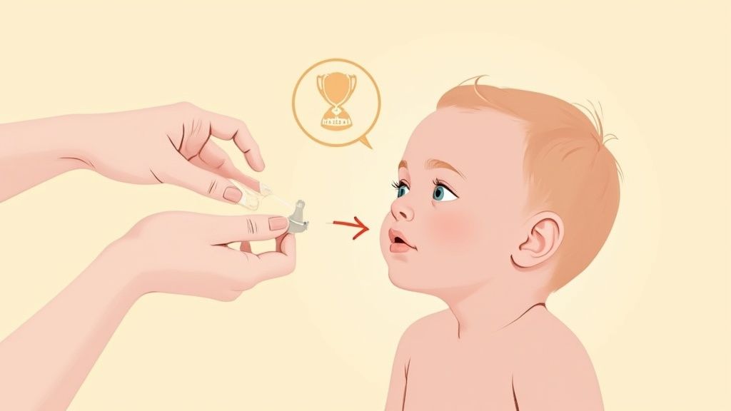 Adult hands prepare an ear correction device for a baby, symbolizing a successful solution.