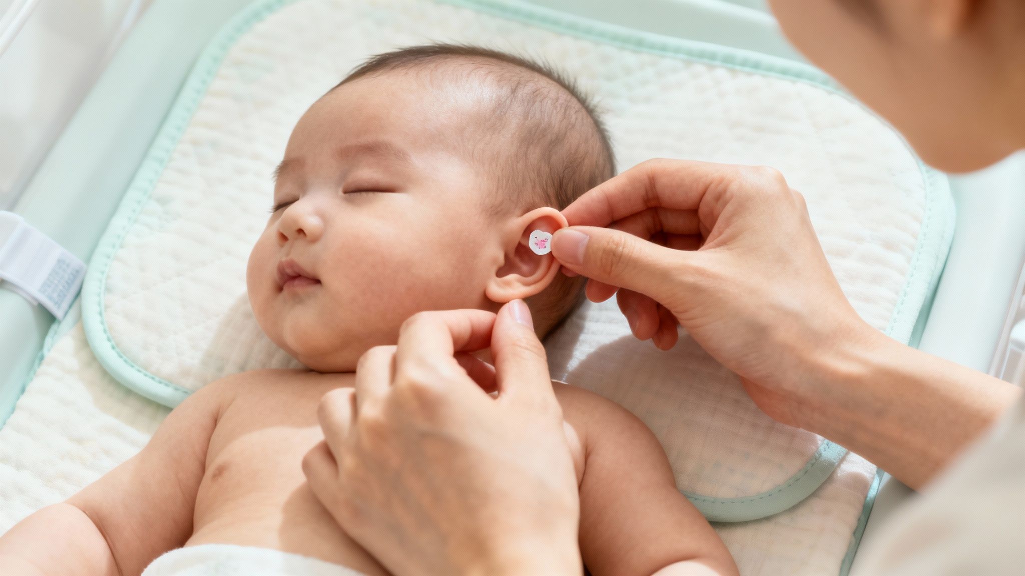 A parent gently applying an EarFix corrector to their baby's ear.