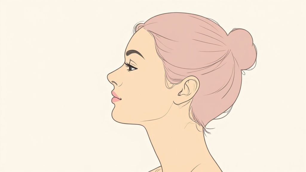 A woman smiling and tucking her hair behind her ear, showing a discreet ear corrector.