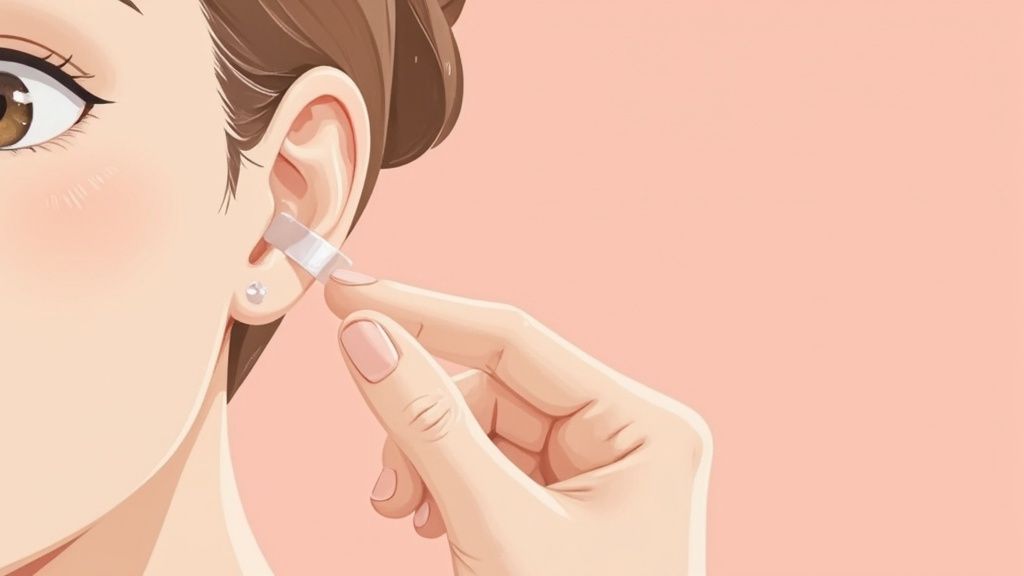 Woman adjusting clear plastic ear correction device on earlobe for non-surgical ear reshaping