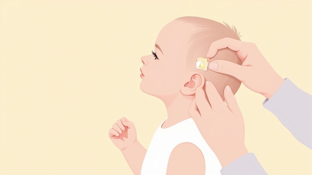 A close-up of a baby's ear with a gentle, discreet ear corrector applied.