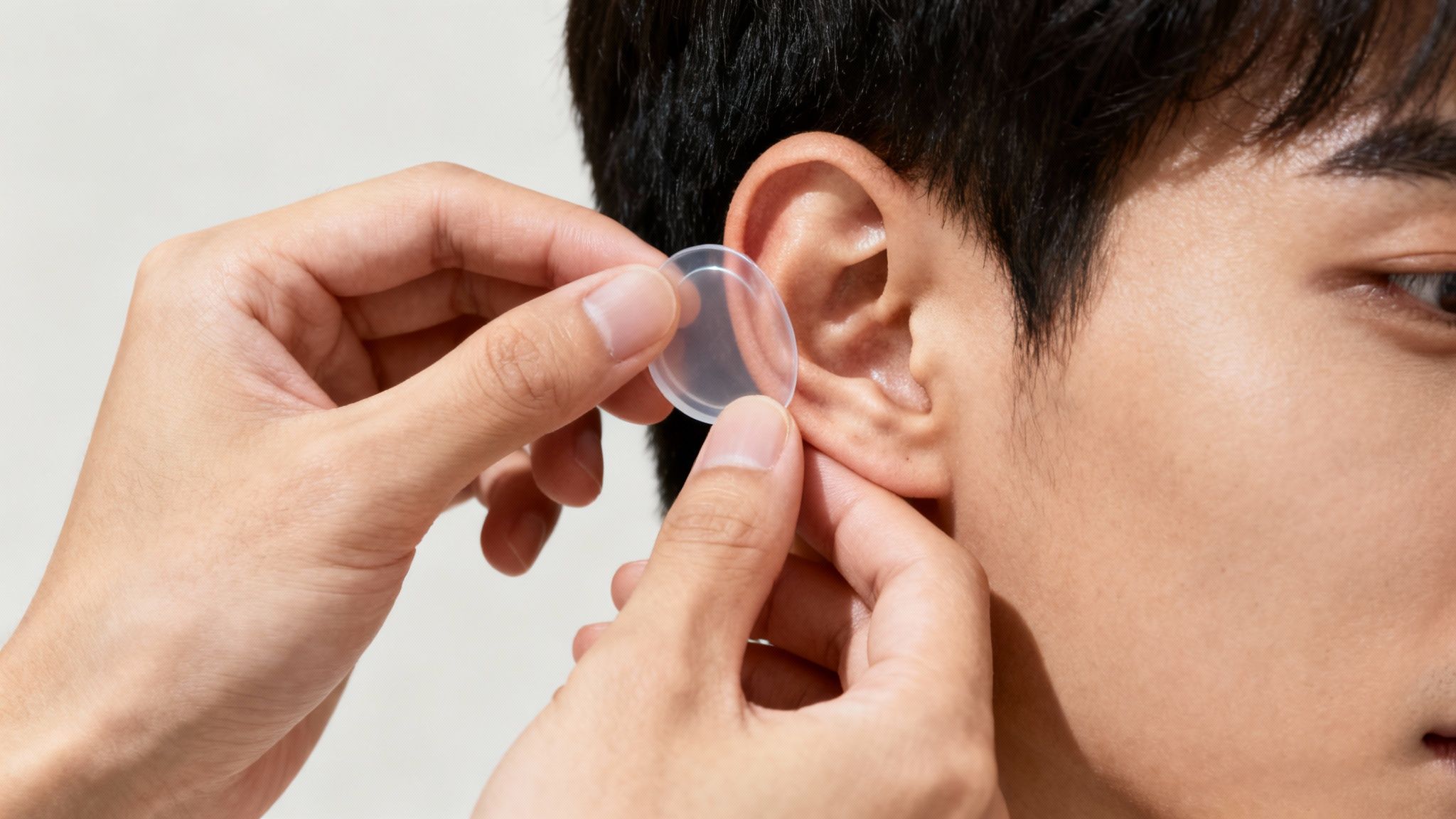 A close-up shot of an EarFix corrector being applied discreetly behind an ear.