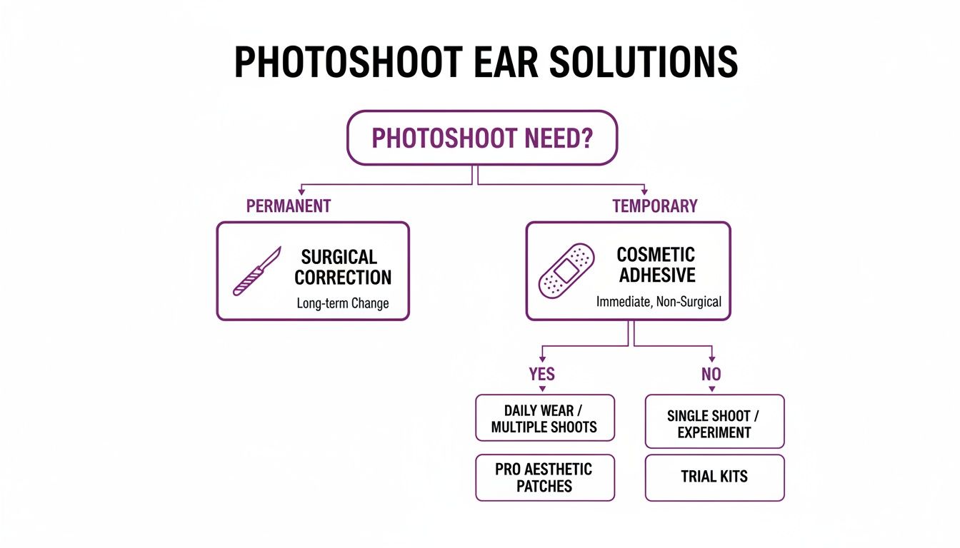 Flowchart outlining photoshoot ear solutions: permanent surgical correction or temporary cosmetic adhesive with patch and kit options.