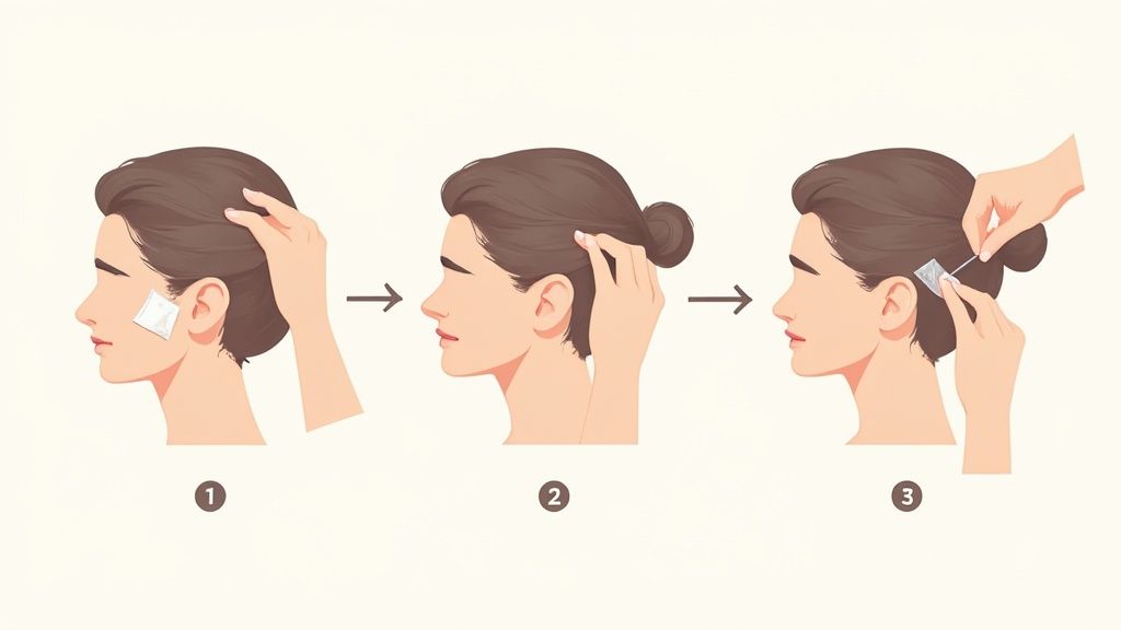 A close-up showing the transparent EarFix corrector being applied behind an ear.