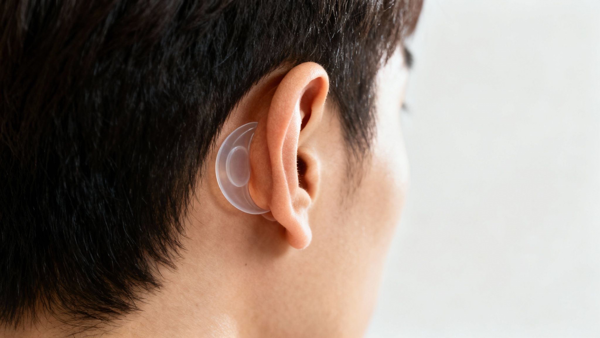 A diagram showing how a non-surgical ear corrector is applied to the back of the ear and the side of the head.