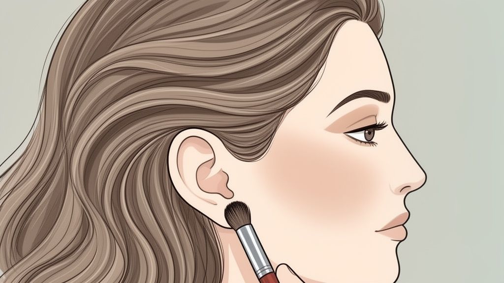 A woman applies makeup with a brush near her ear, illustrating beauty techniques.