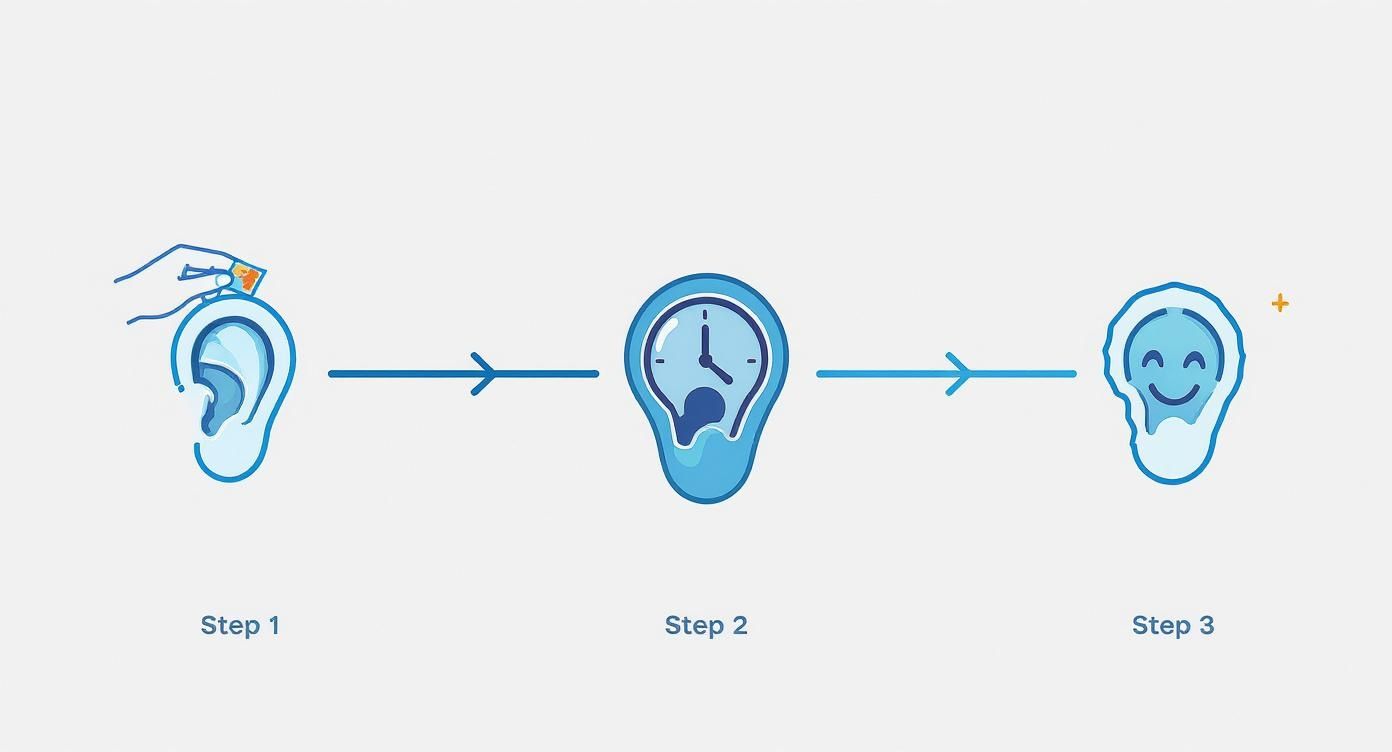 A sequential illustration demonstrating the process of ear correction with tape over time.