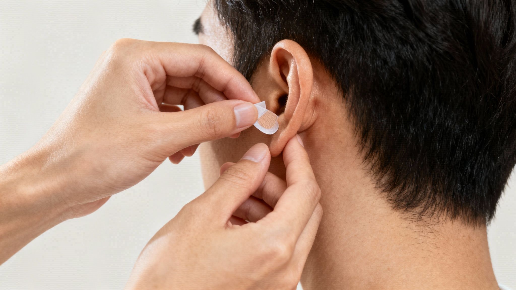 A close-up shot of a transparent ear corrector being applied behind a person's ear, showing its discreet design.