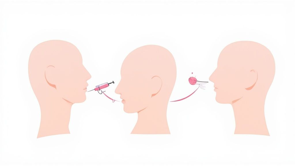 Medical illustration of non-surgical cosmetic procedures, including lip fillers and nose thread lifts.