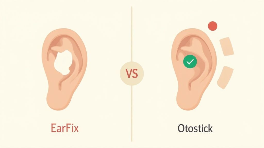 Two ear diagrams illustrate the difference between EarFix and Otostick for aesthetic correction.