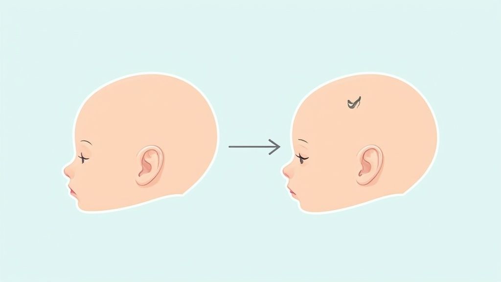 Illustration showing a baby's head, first with a normal ear, then transitioning to a head with a visibly folded ear.
