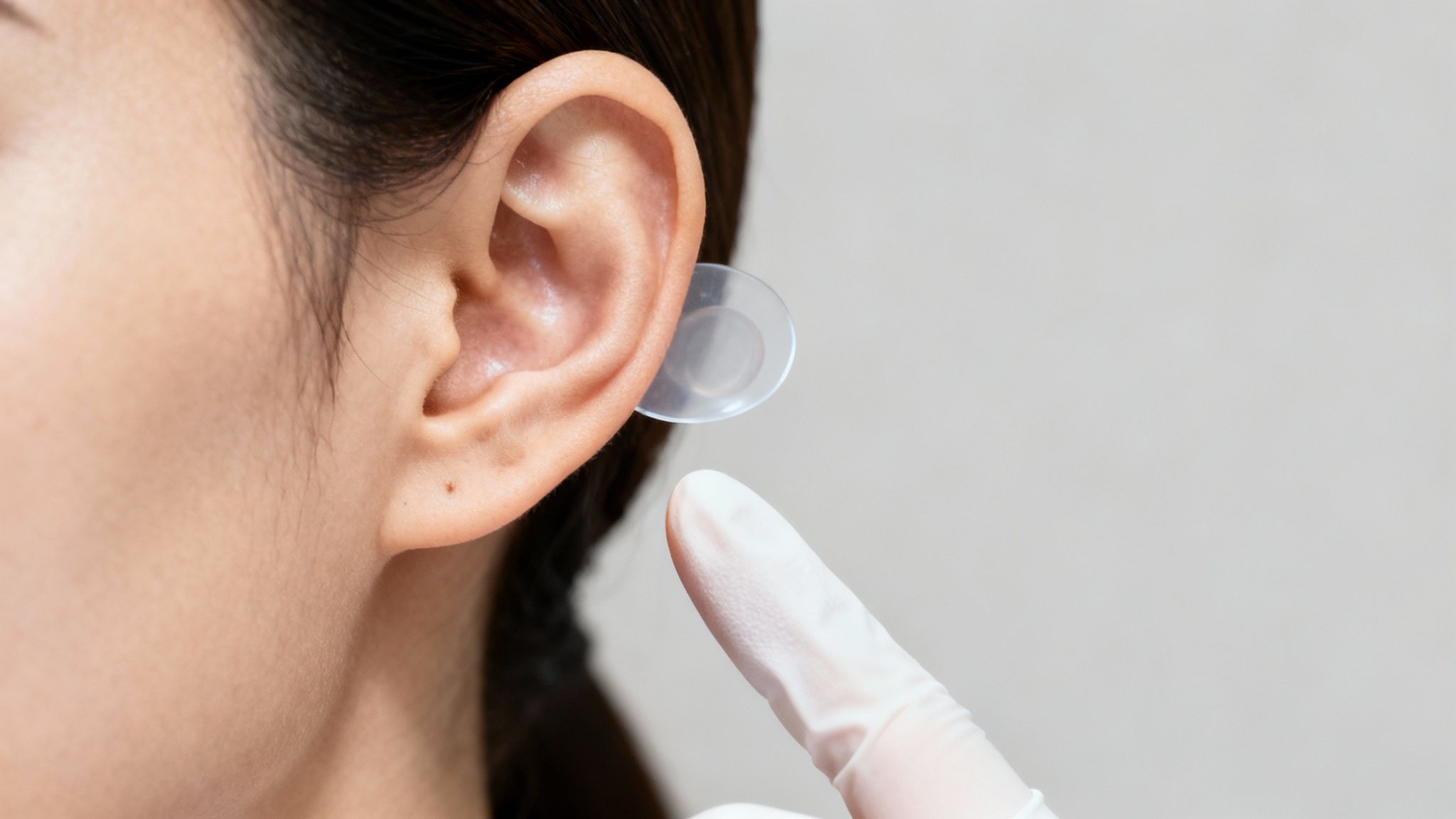A close-up image showing the transparent EarFix corrector being applied behind an ear.