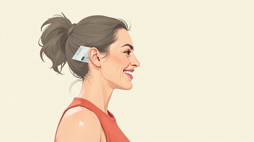 Illustration of a smiling woman with ear correction tape visible behind her ear.