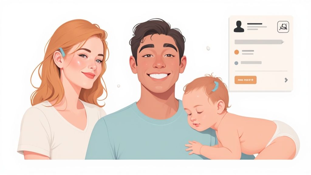 Illustration of a smiling family with a mother wearing an ear device, a father, and a sleeping baby.
