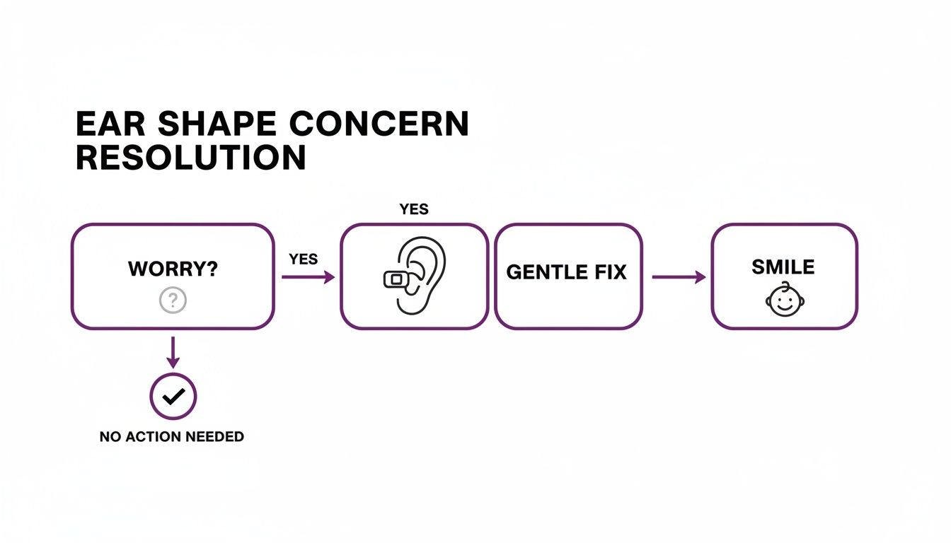 Flowchart illustrating the resolution process for baby ear shape concerns, from worry to a gentle fix resulting in a happy smile.