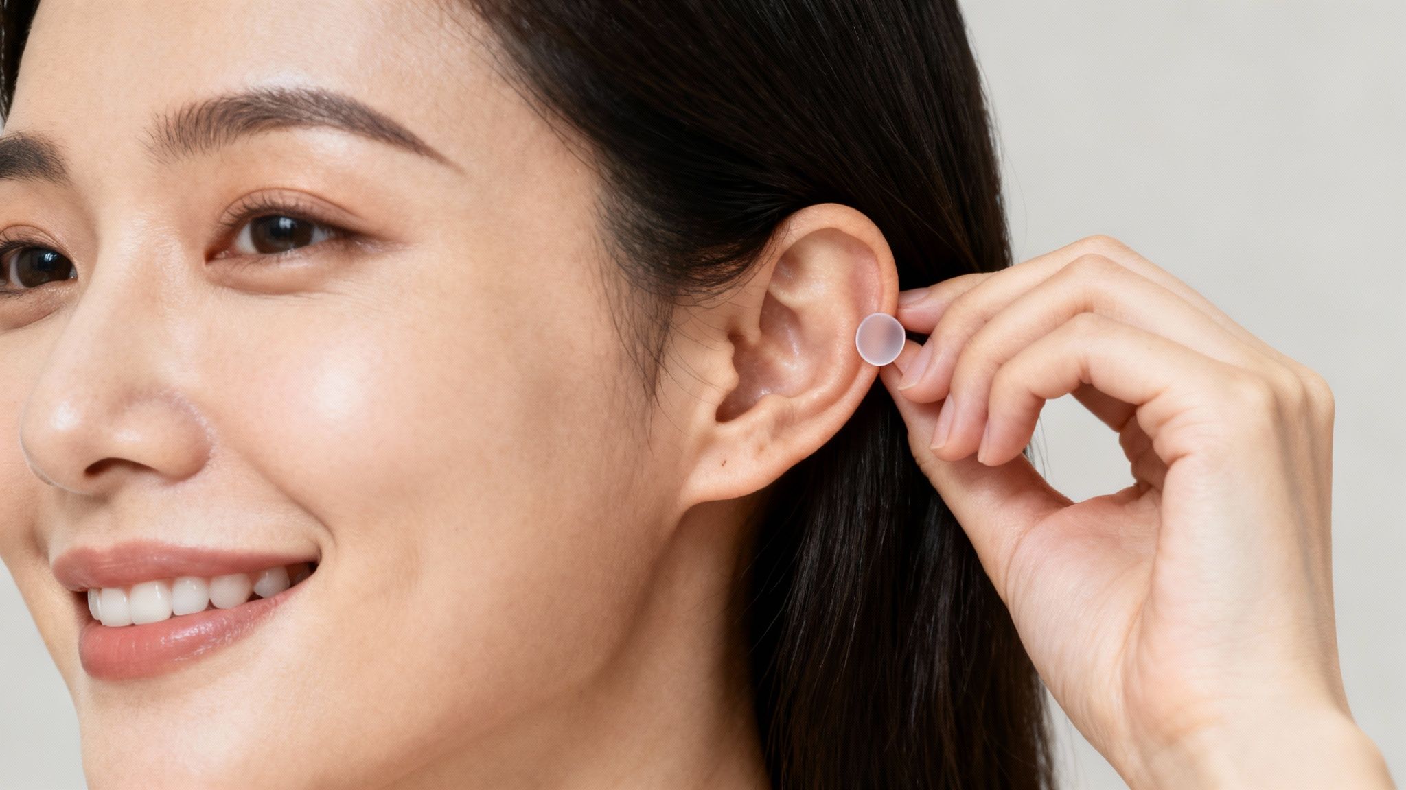 A happy woman with her hair pulled back, showcasing her ears and smiling confidently.