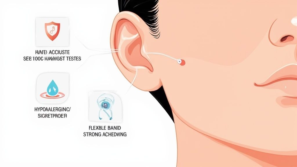 Illustration of ear pinning tape applied to an ear, highlighting its hypoallergenic and strong adhesion.