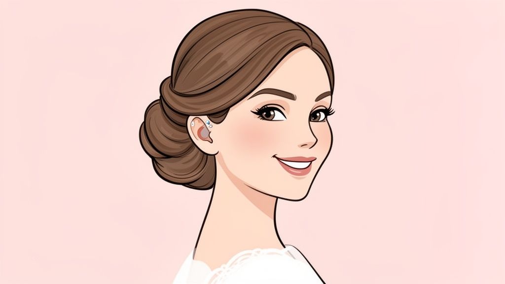 Smiling cartoon woman with an elegant updo hairstyle wearing a delicate ear sticker.