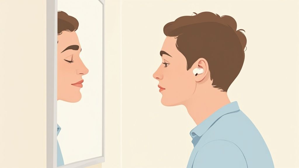 Person examining their ear profile in mirror considering non-surgical ear correction options