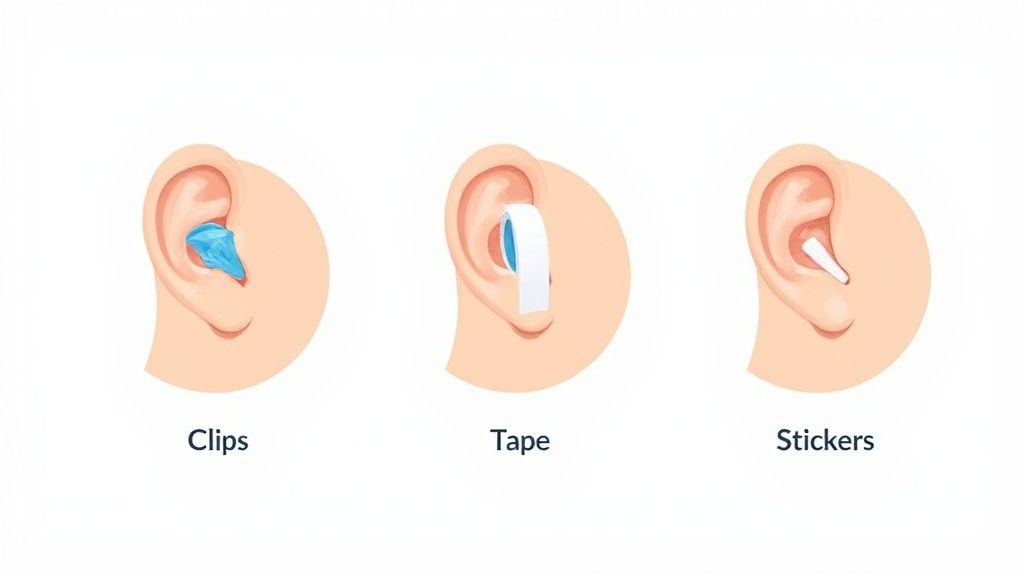 Three diagrams illustrate ear correction methods: clips, tape, and stickers, each applied to a human ear.