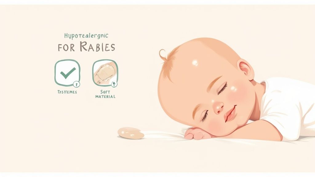 An illustration of a peacefully sleeping baby, with text describing hypoallergenic and soft material.