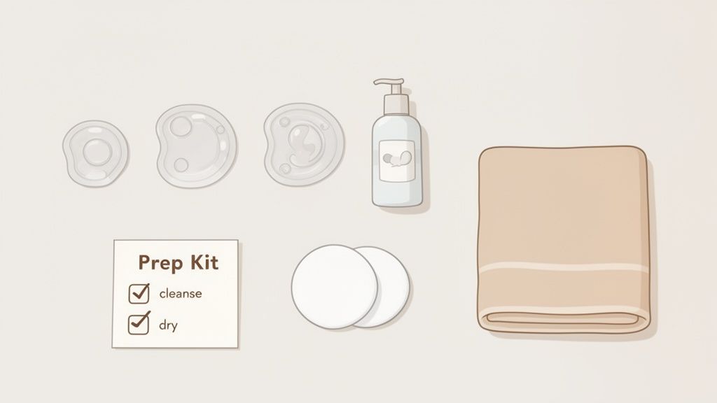 A prep kit with ear stickers, a lotion bottle, cotton pads, and a towel.