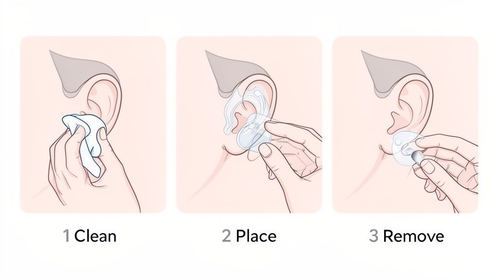 Three steps: cleaning an ear, placing a transparent ear corrector, and removing an earbud.