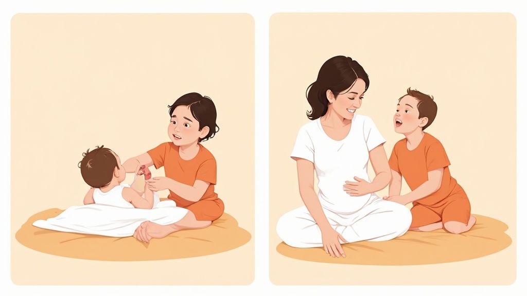 Two panels show a boy interacting with a baby, and a smiling pregnant woman with her child.