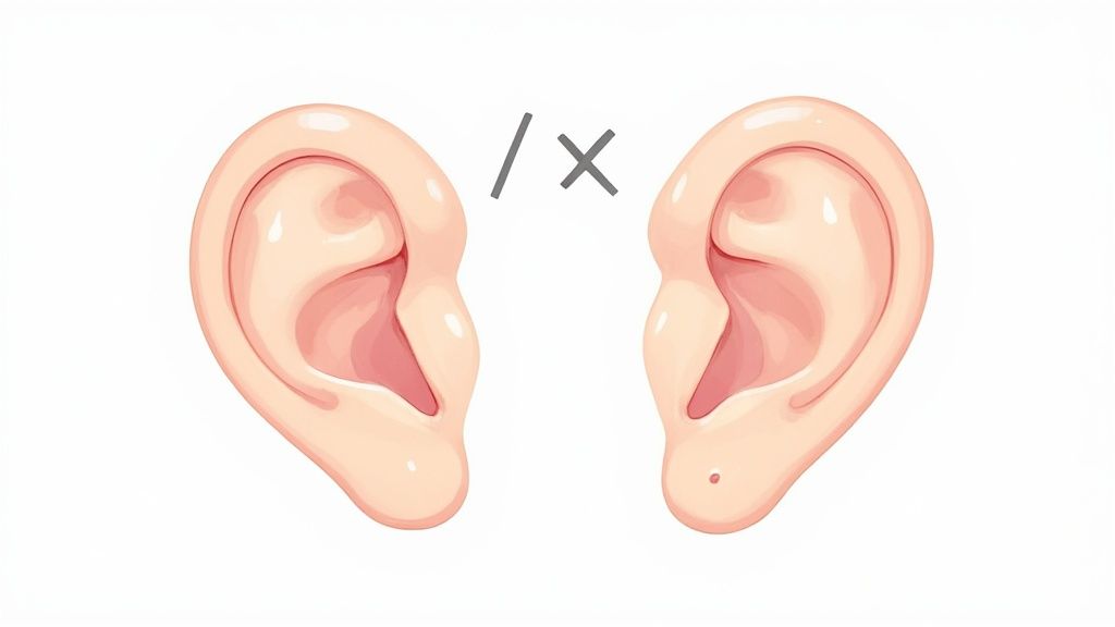 Illustration comparing left and right human ears showing anatomical structure and ear protrusion differences