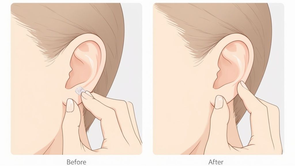A close-up of the nearly invisible EarFix corrector being applied behind an ear.
