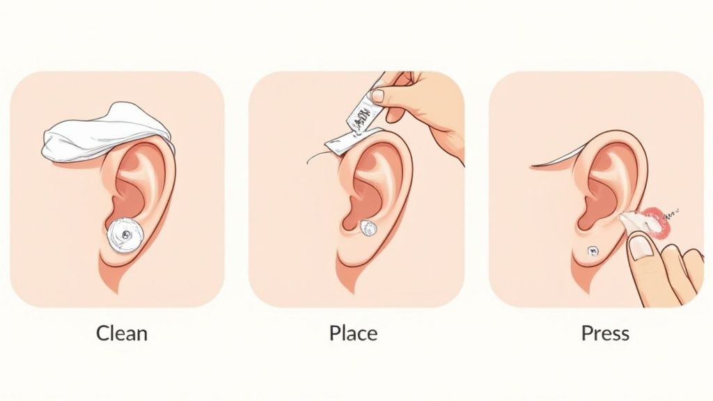 A three-step guide to applying an ear device: cleaning, placing, and pressing it onto the ear.