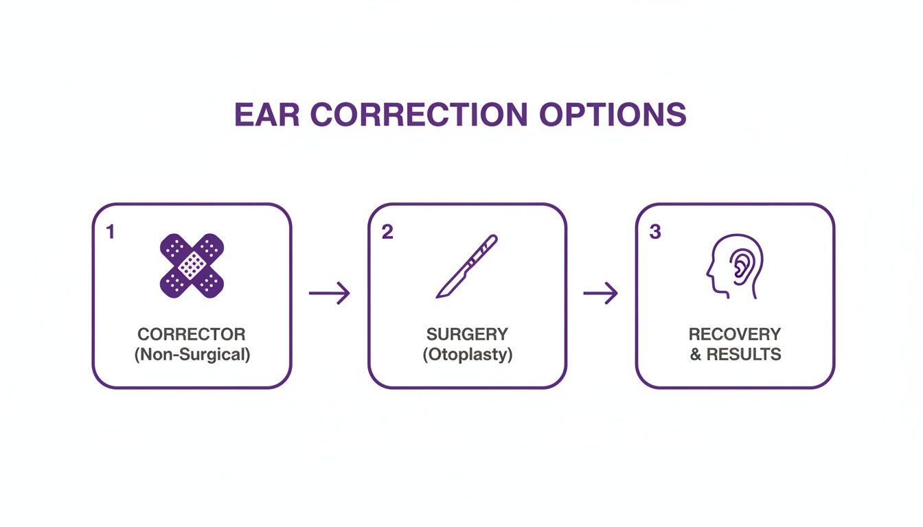 Diagram illustrating ear correction options: non-surgical corrector, otoplasty surgery, and recovery process.